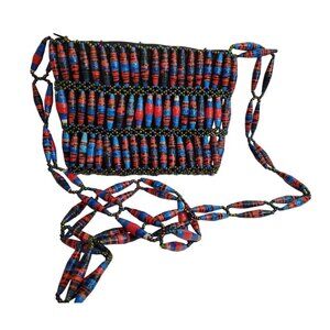 Handmade Rolled Paper Glass Bead Purse, Crossbody Torsade Africa, Red Black Blue
